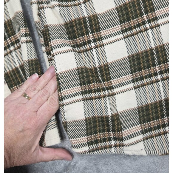 Orvis Shirt Mens Large Beige Green Plaid Heavy Flannel Button Up Shacket Hiking - Picture 4 of 10